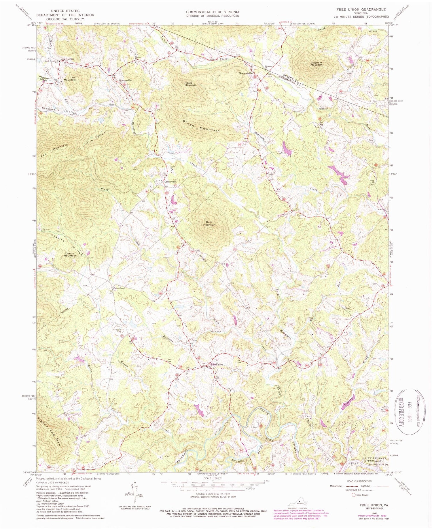 Classic USGS Free Union Virginia 7.5'x7.5' Topo Map Image