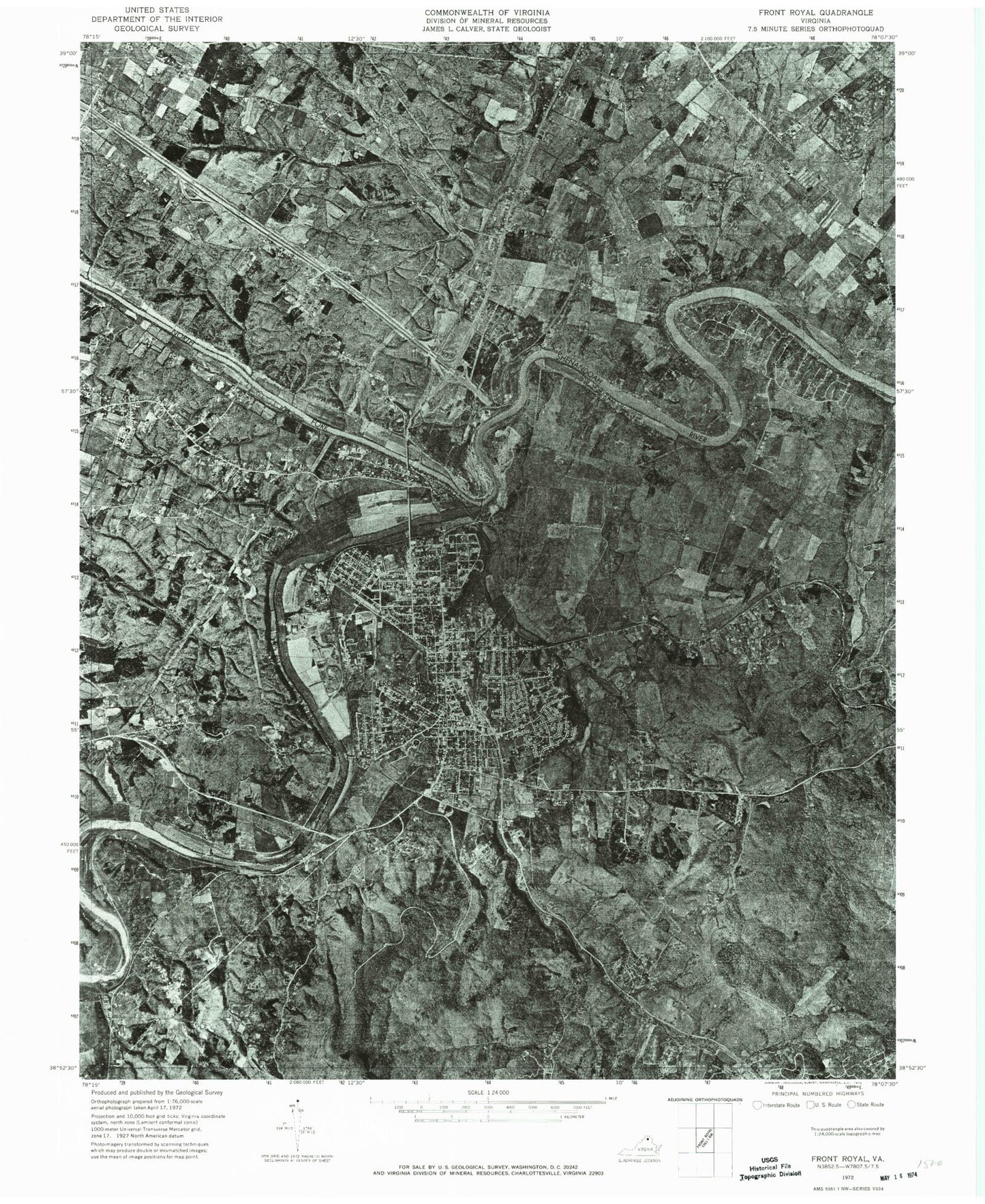 Classic USGS Front Royal Virginia 7.5'x7.5' Topo Map Image