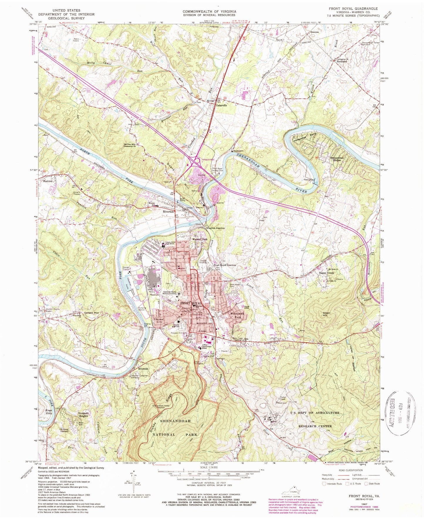 Classic USGS Front Royal Virginia 7.5'x7.5' Topo Map Image