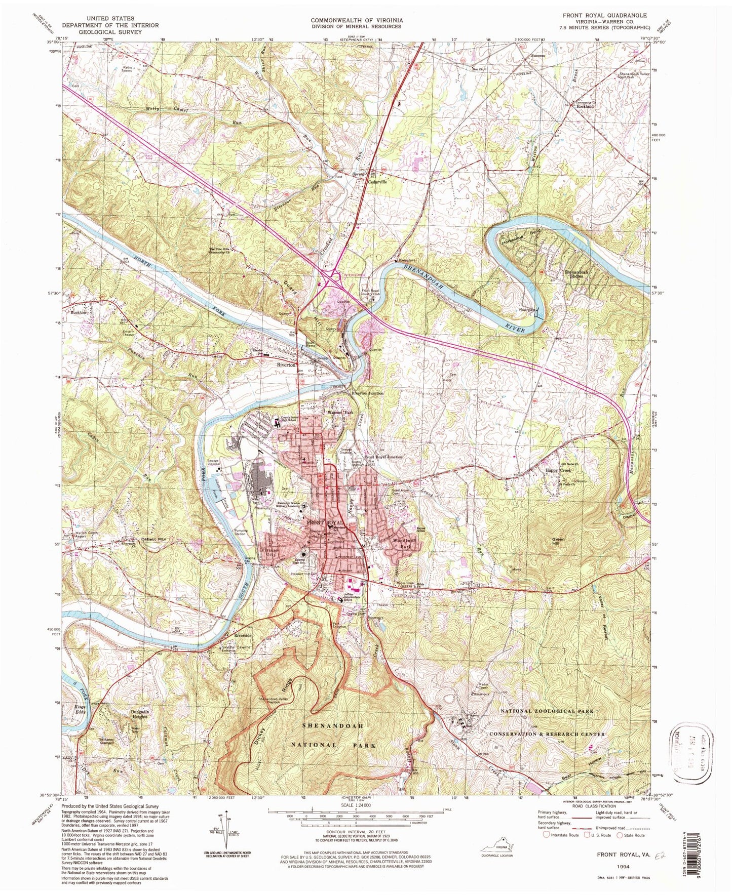 Classic USGS Front Royal Virginia 7.5'x7.5' Topo Map Image