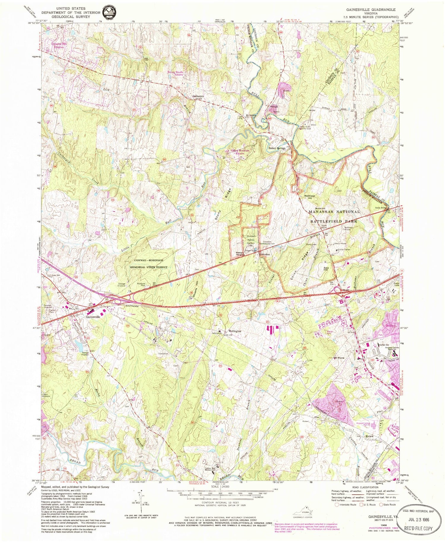 Classic USGS Gainesville Virginia 7.5'x7.5' Topo Map Image