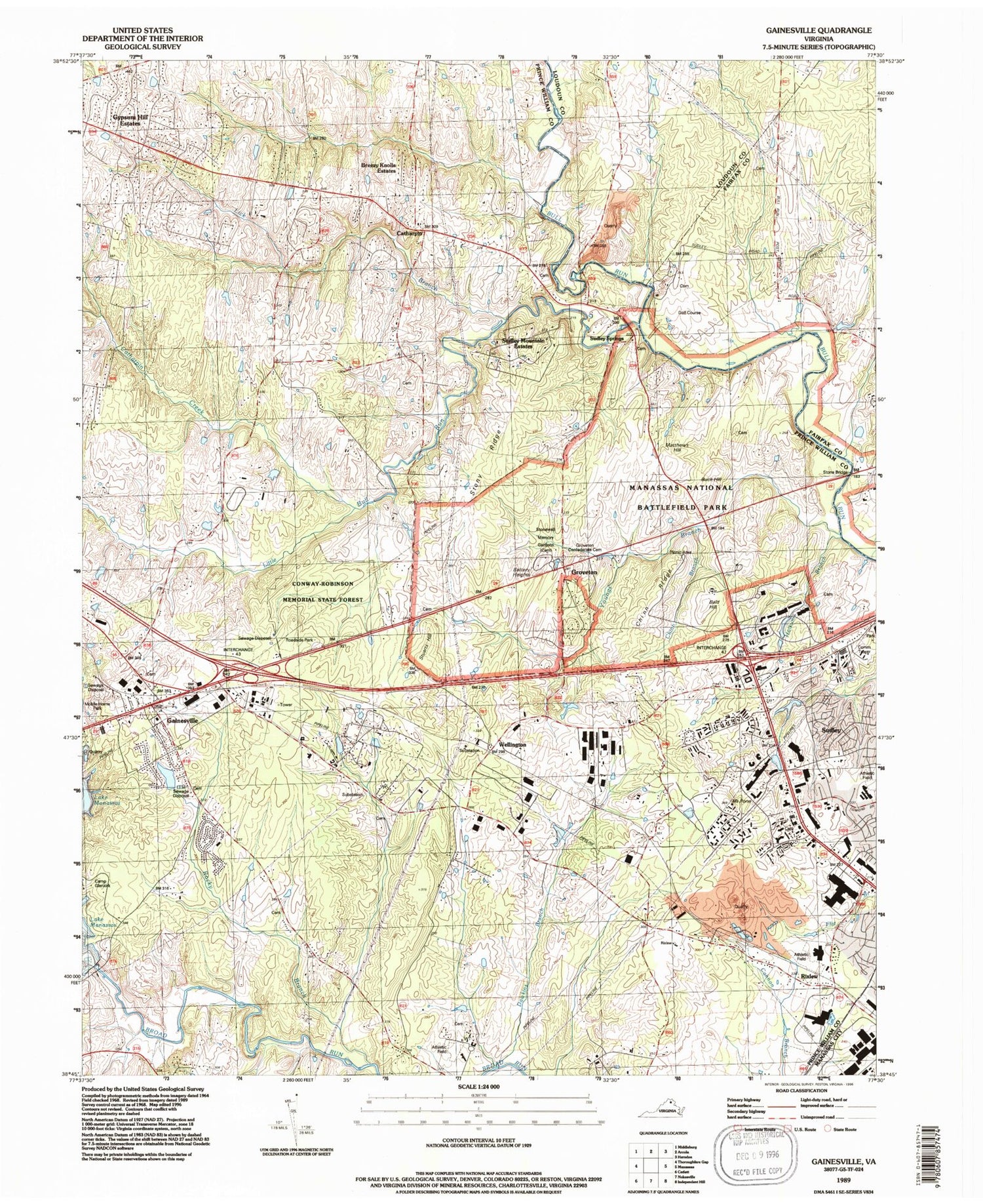 Classic USGS Gainesville Virginia 7.5'x7.5' Topo Map Image