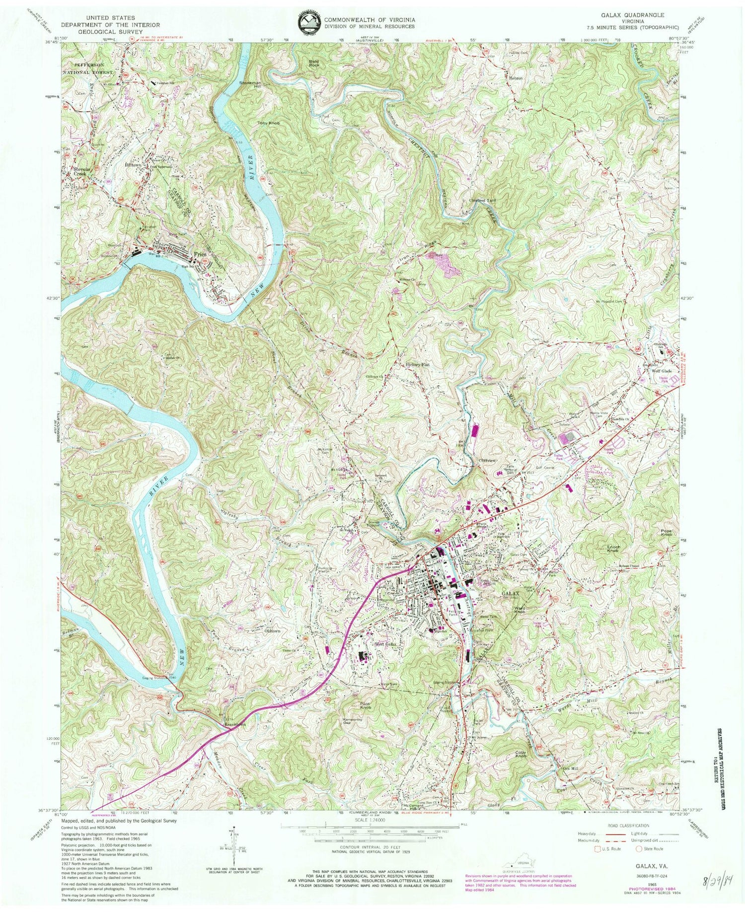 Classic USGS Galax Virginia 7.5'x7.5' Topo Map Image