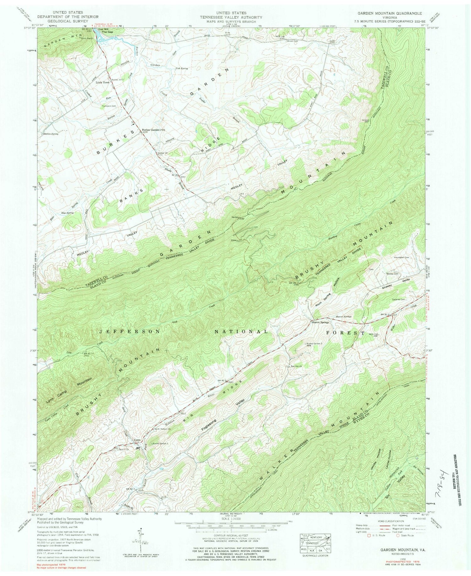 Classic USGS Garden Mountain Virginia 7.5'x7.5' Topo Map Image