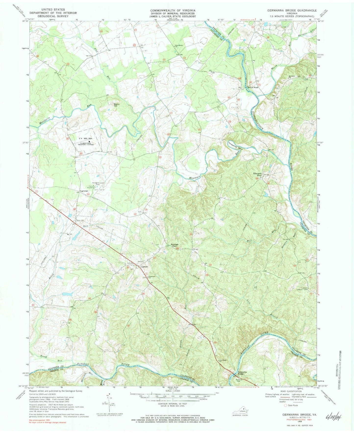 Classic USGS Germanna Bridge Virginia 7.5'x7.5' Topo Map Image