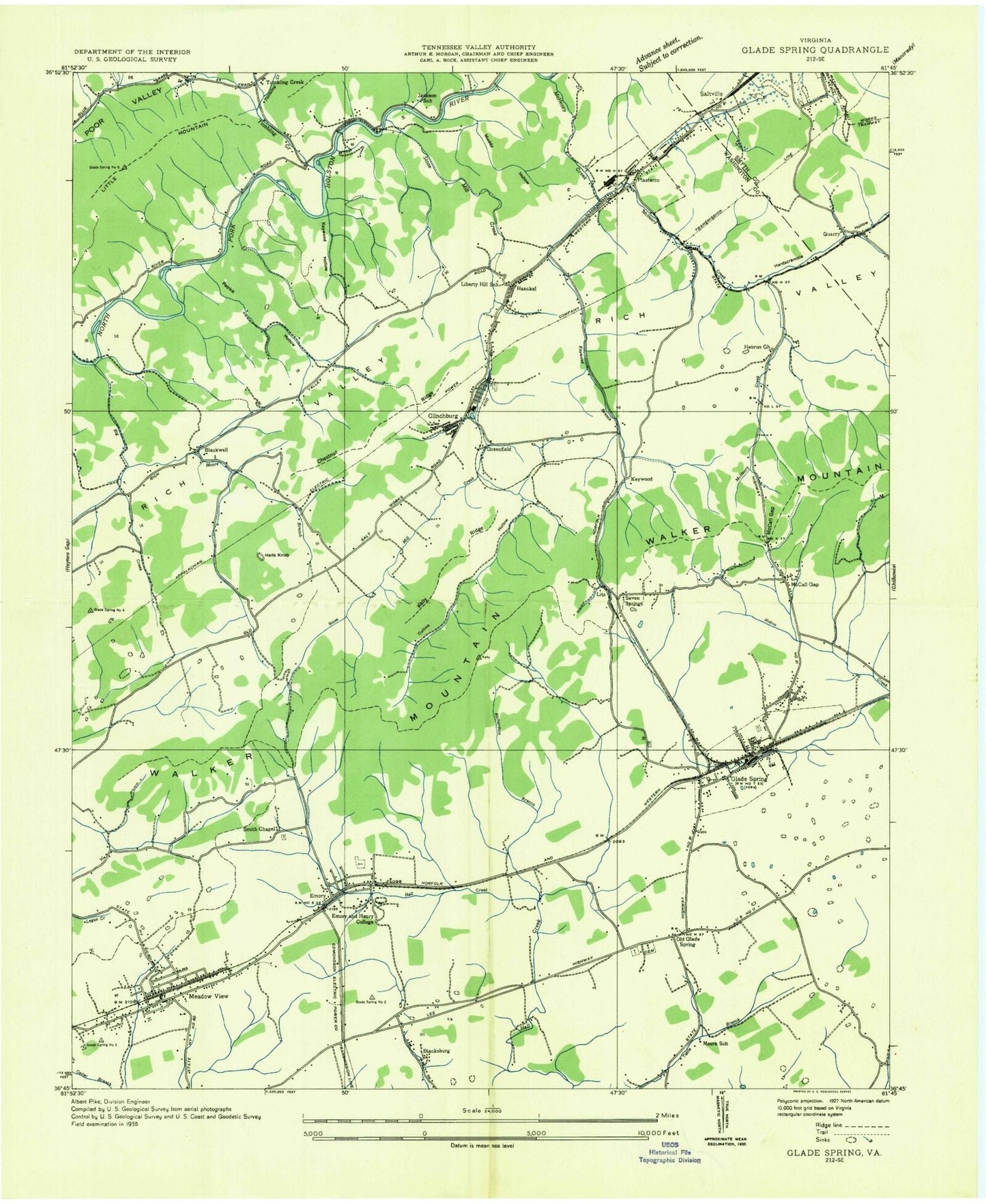 Classic USGS Glade Spring Virginia 7.5'x7.5' Topo Map Image