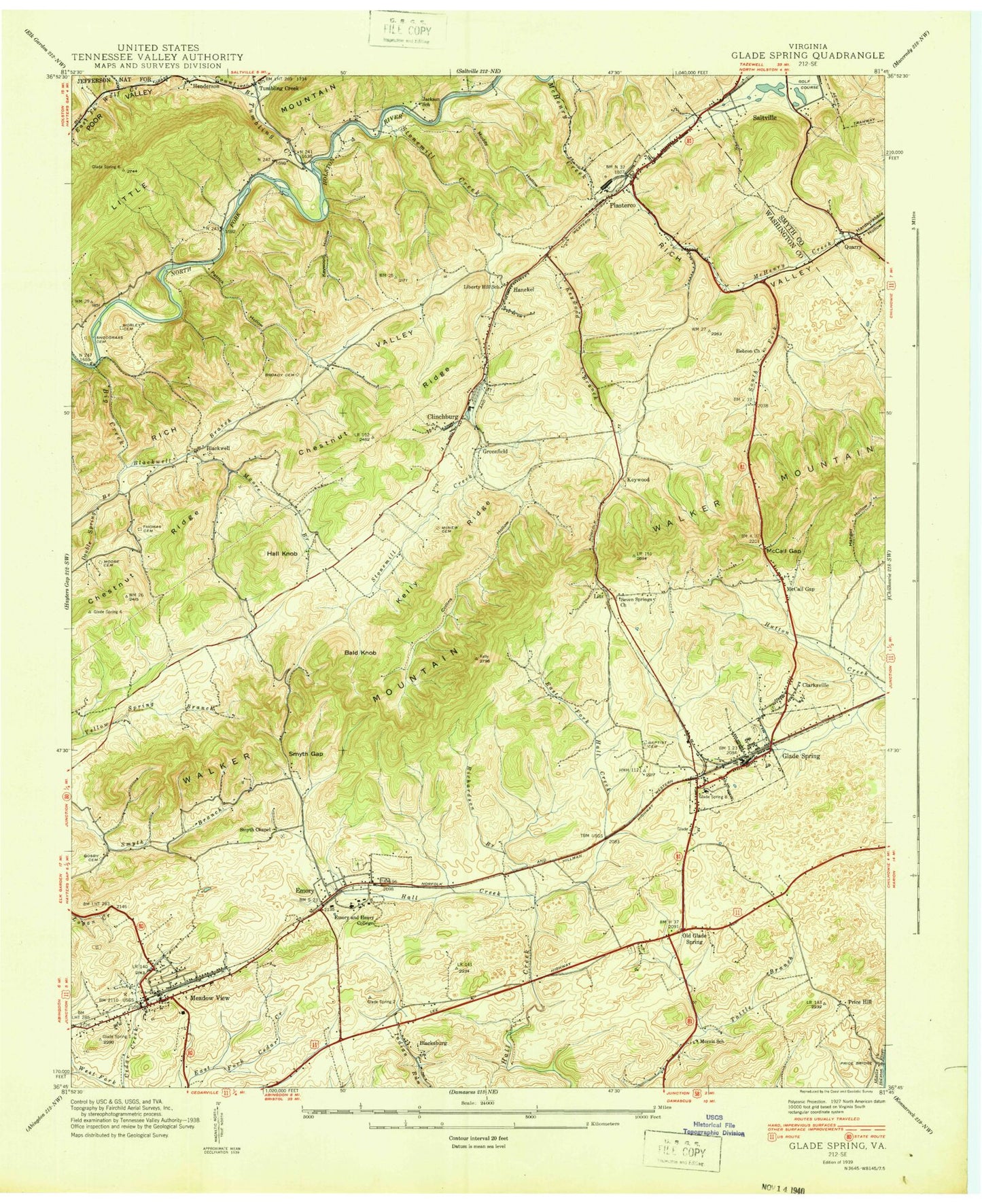 Classic USGS Glade Spring Virginia 7.5'x7.5' Topo Map Image