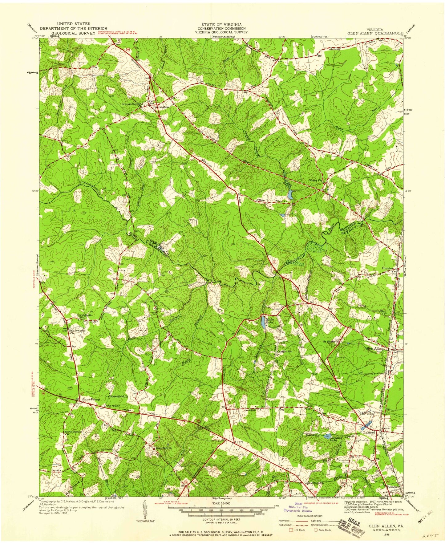 Classic USGS Glen Allen Virginia 7.5'x7.5' Topo Map Image