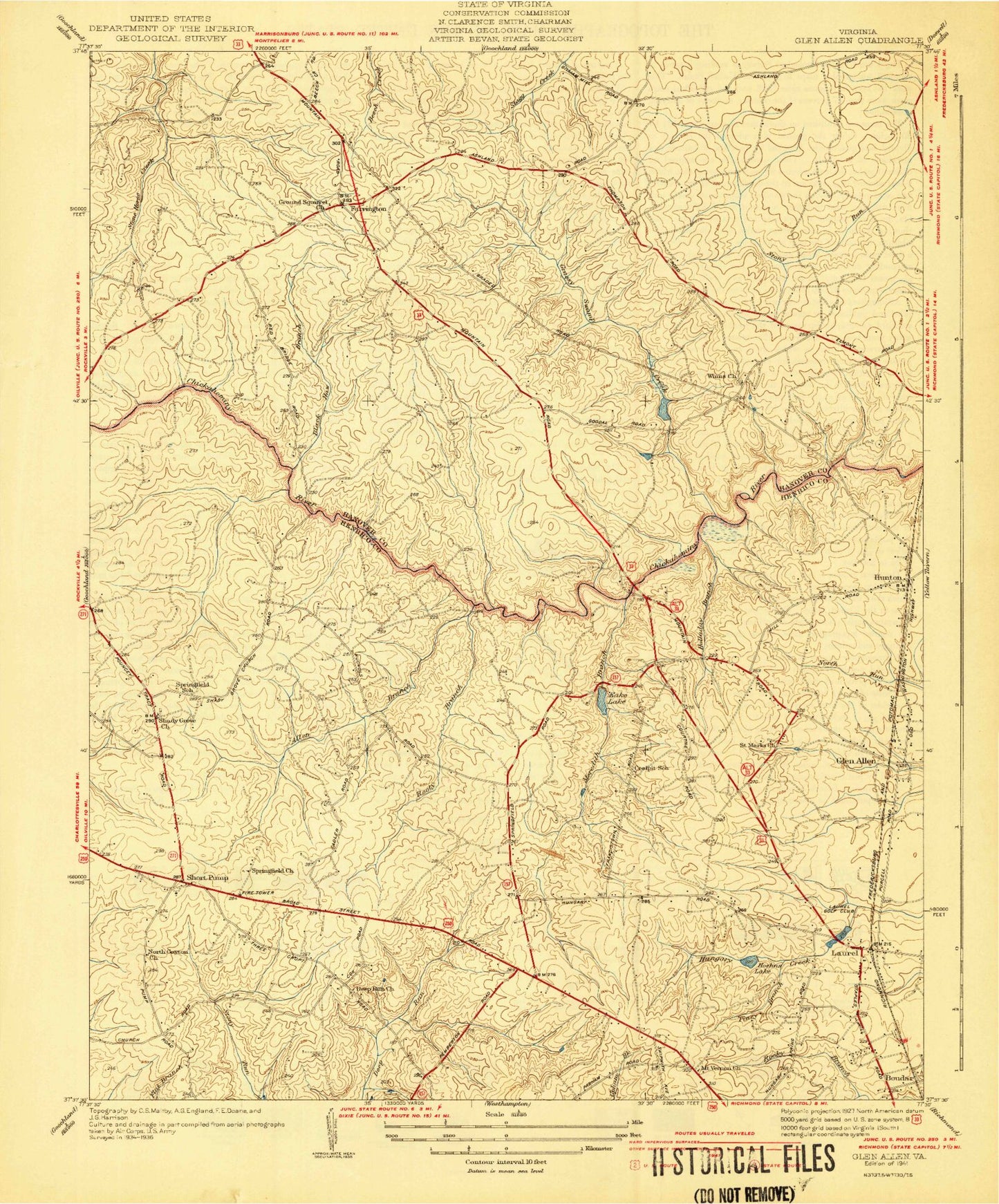 Classic USGS Glen Allen Virginia 7.5'x7.5' Topo Map Image