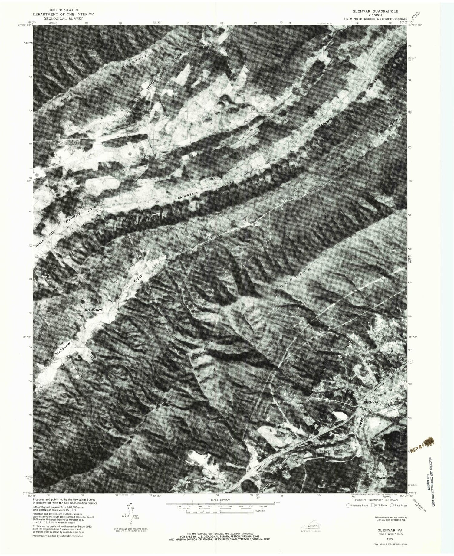 Classic USGS Glenvar Virginia 7.5'x7.5' Topo Map Image