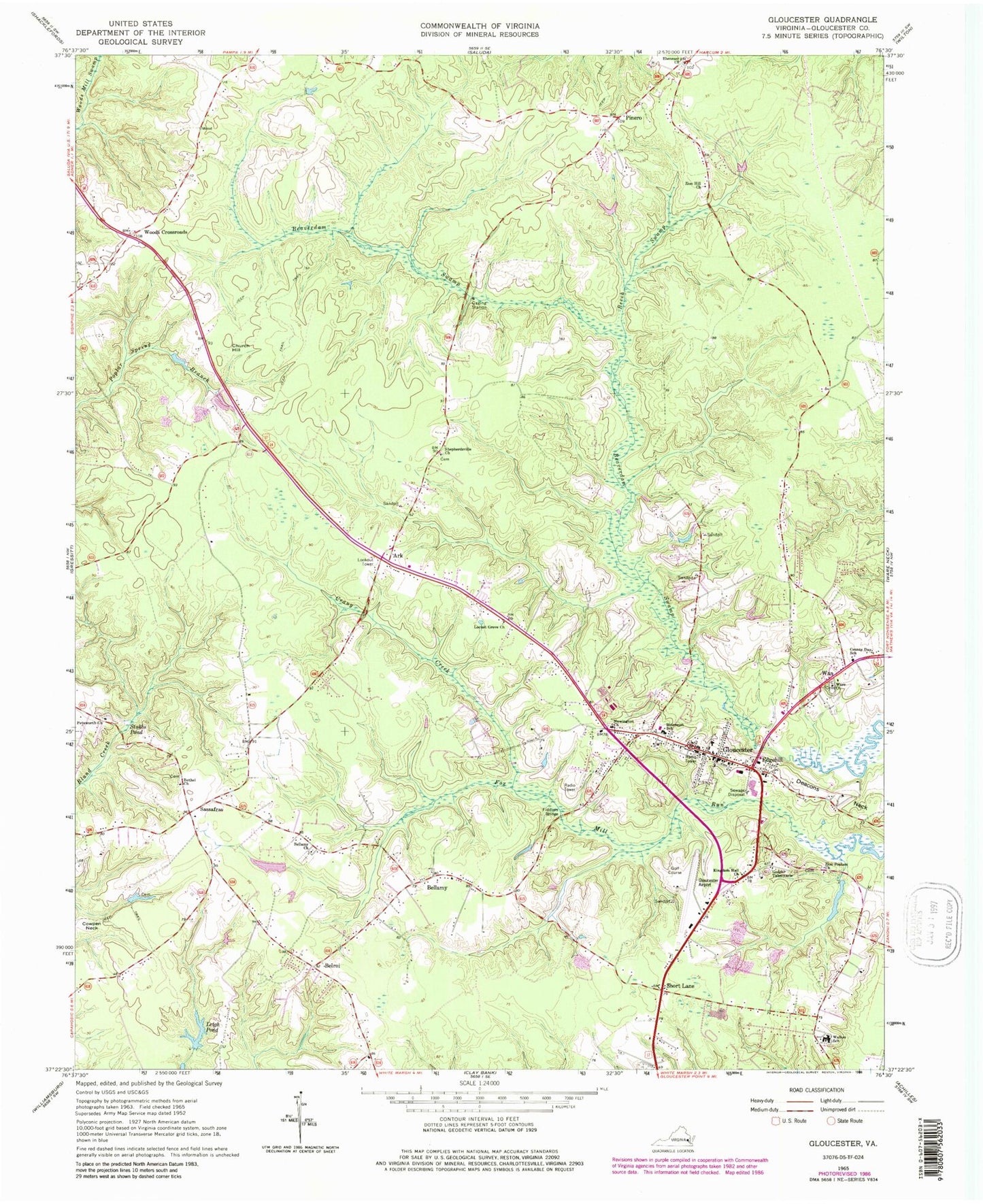 Classic USGS Gloucester Virginia 7.5'x7.5' Topo Map Image