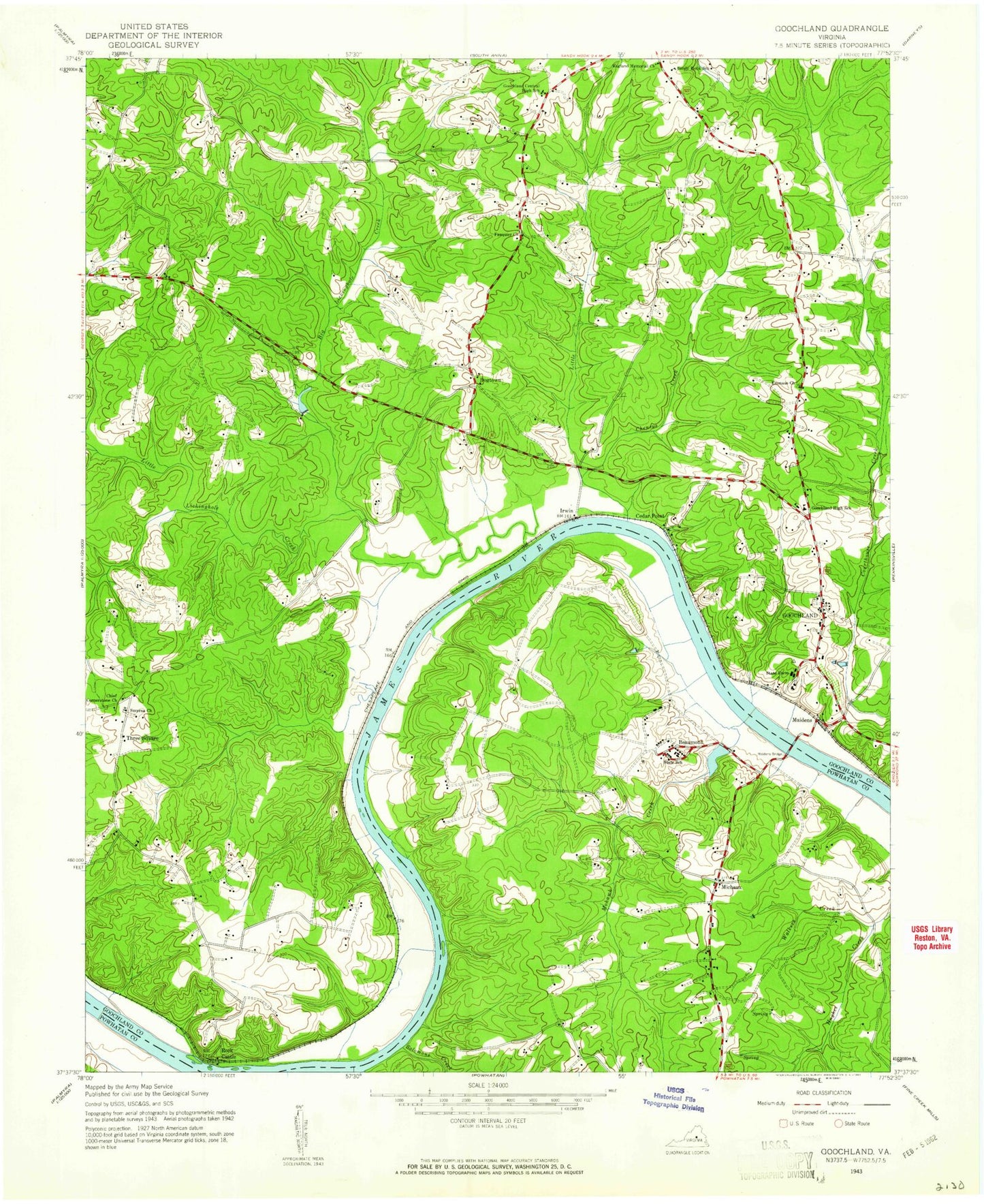 Classic USGS Goochland Virginia 7.5'x7.5' Topo Map Image