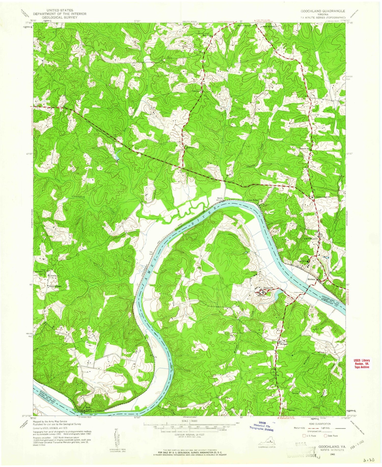 Classic USGS Goochland Virginia 7.5'x7.5' Topo Map Image