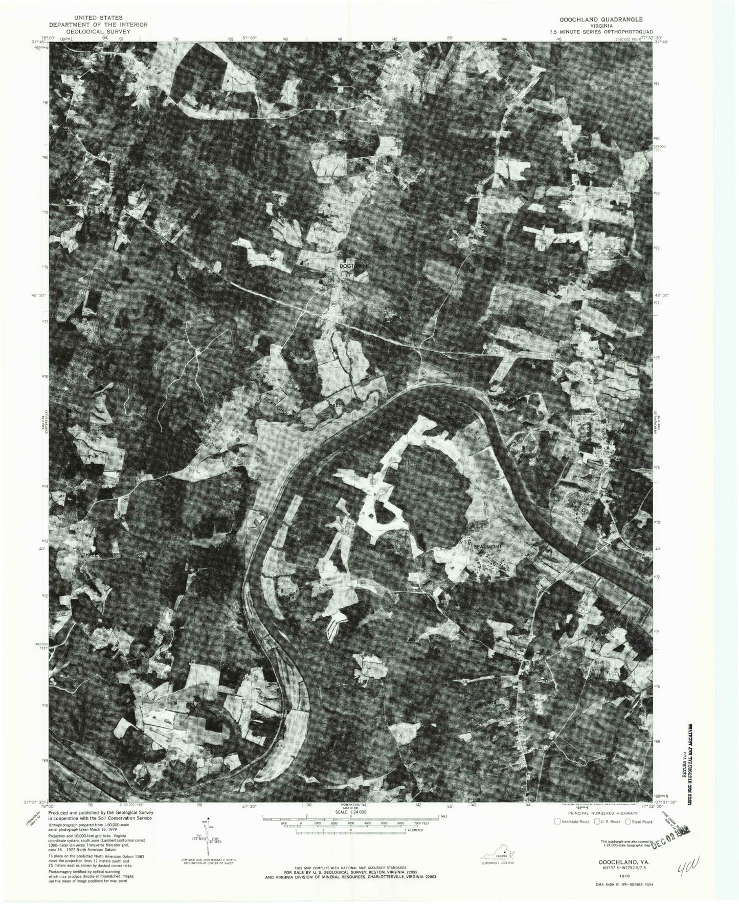 Classic USGS Goochland Virginia 7.5'x7.5' Topo Map Image
