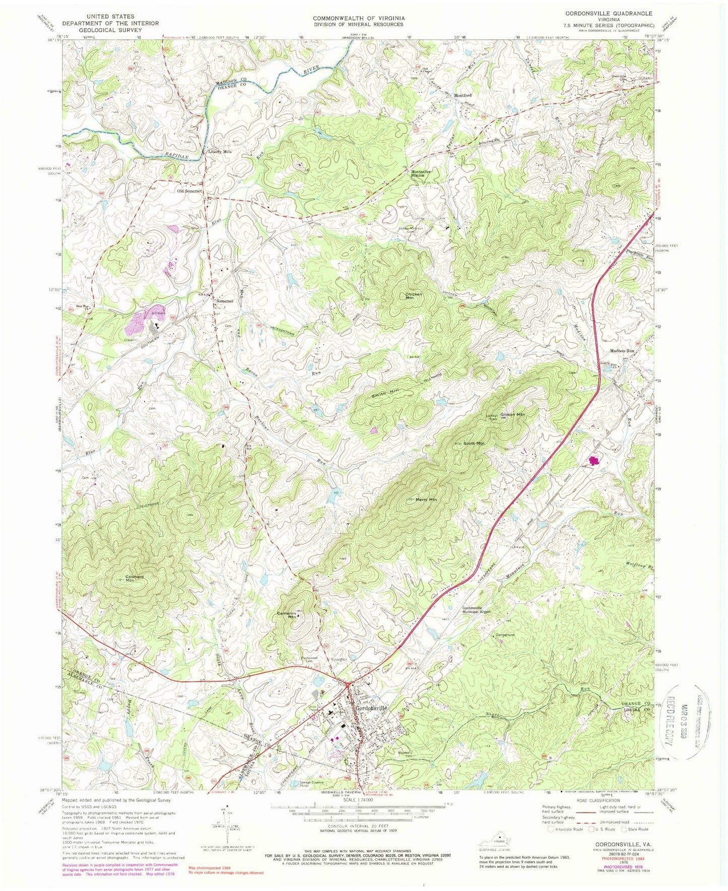 Classic USGS Gordonsville Virginia 7.5'x7.5' Topo Map Image