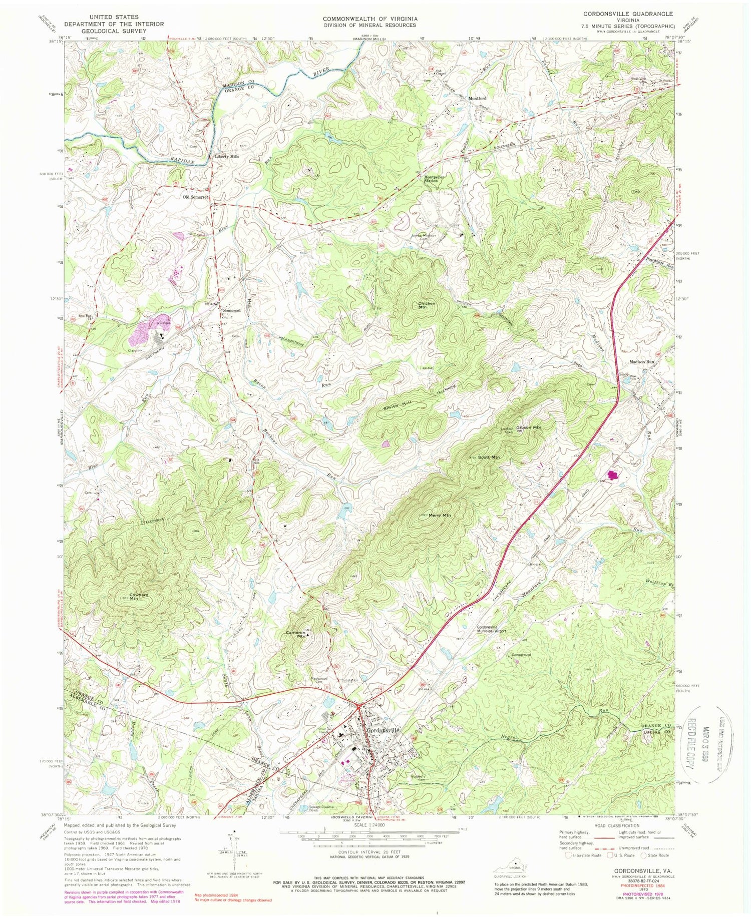 Classic USGS Gordonsville Virginia 7.5'x7.5' Topo Map Image