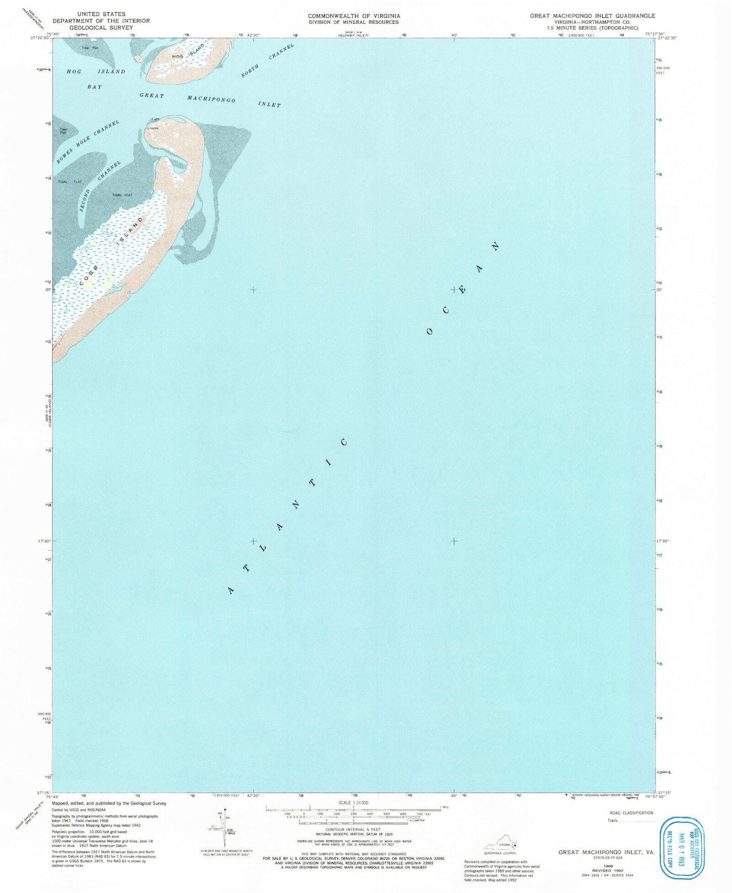 Classic USGS Great Machipongo Inlet Virginia 7.5'x7.5' Topo Map Image