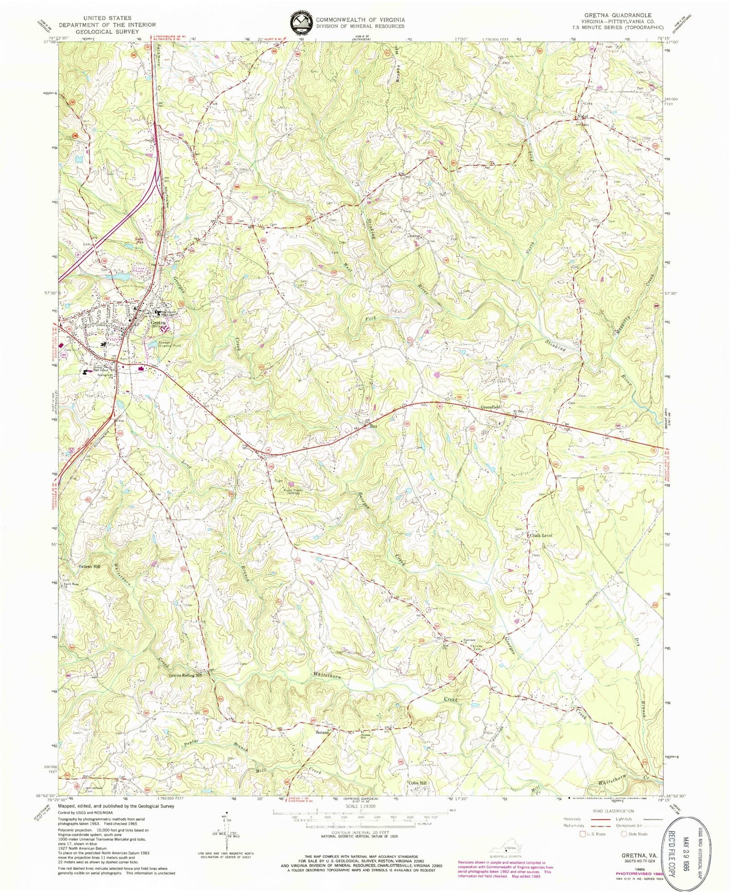 Classic USGS Gretna Virginia 7.5'x7.5' Topo Map Image