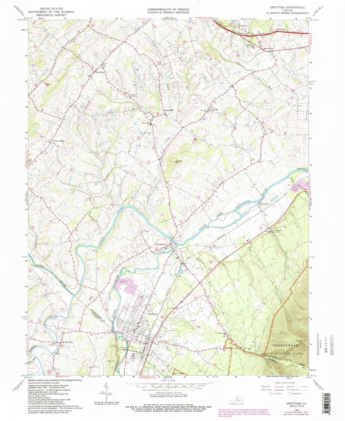 Classic USGS Grottoes Virginia 7.5'x7.5' Topo Map Image