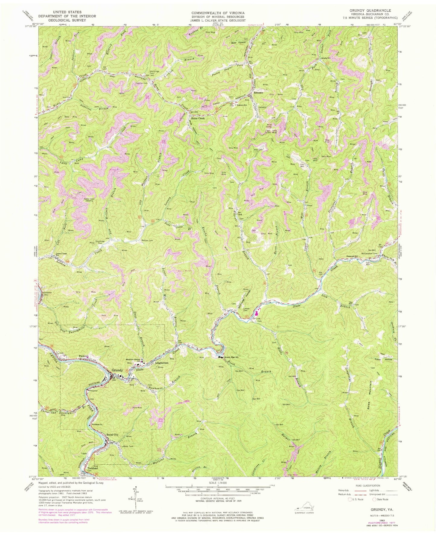 Classic USGS Grundy Virginia 7.5'x7.5' Topo Map Image