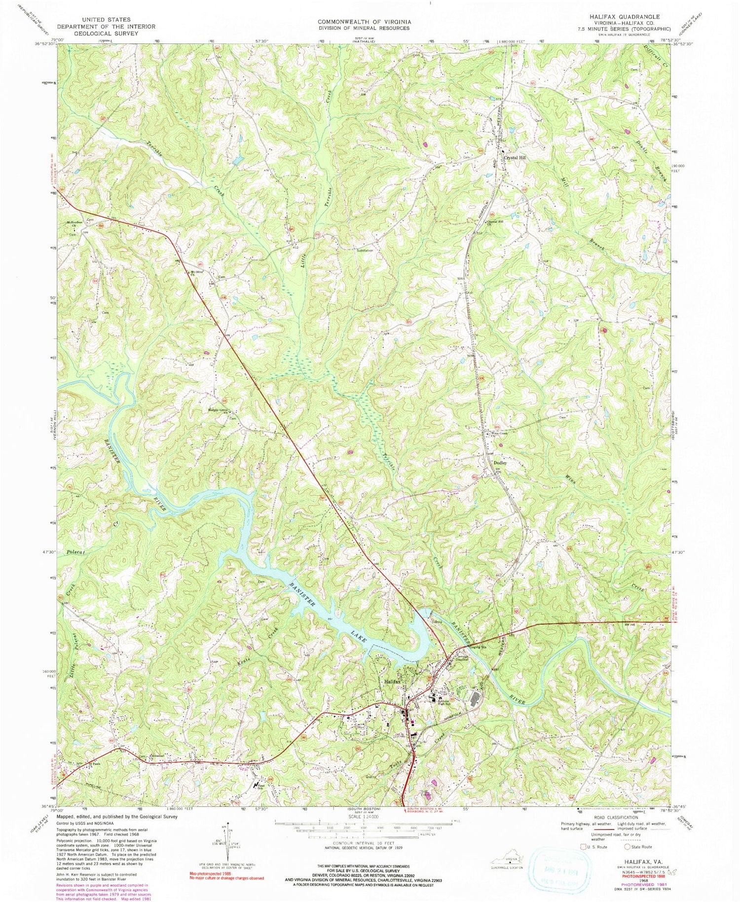 Classic USGS Halifax Virginia 7.5'x7.5' Topo Map Image