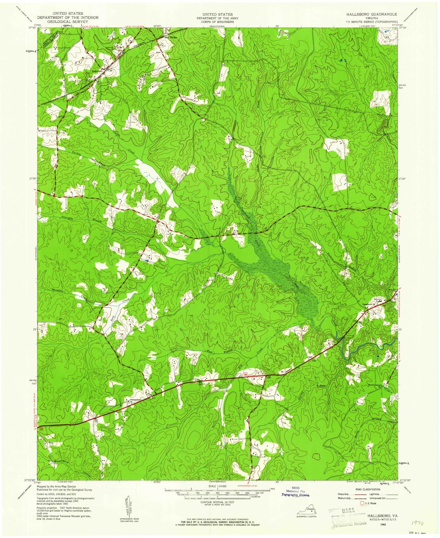 Classic USGS Hallsboro Virginia 7.5'x7.5' Topo Map Image