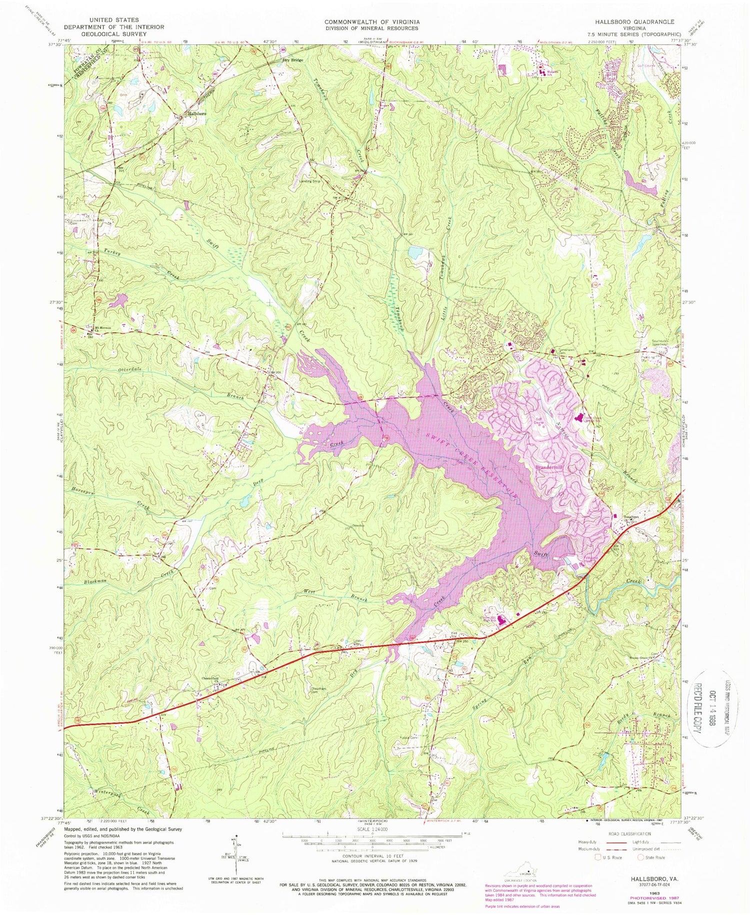 Classic USGS Hallsboro Virginia 7.5'x7.5' Topo Map Image