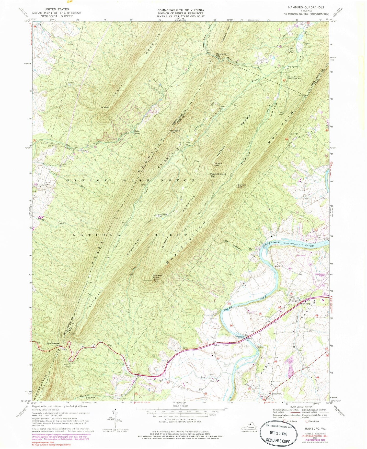 Classic USGS Hamburg Virginia 7.5'x7.5' Topo Map Image