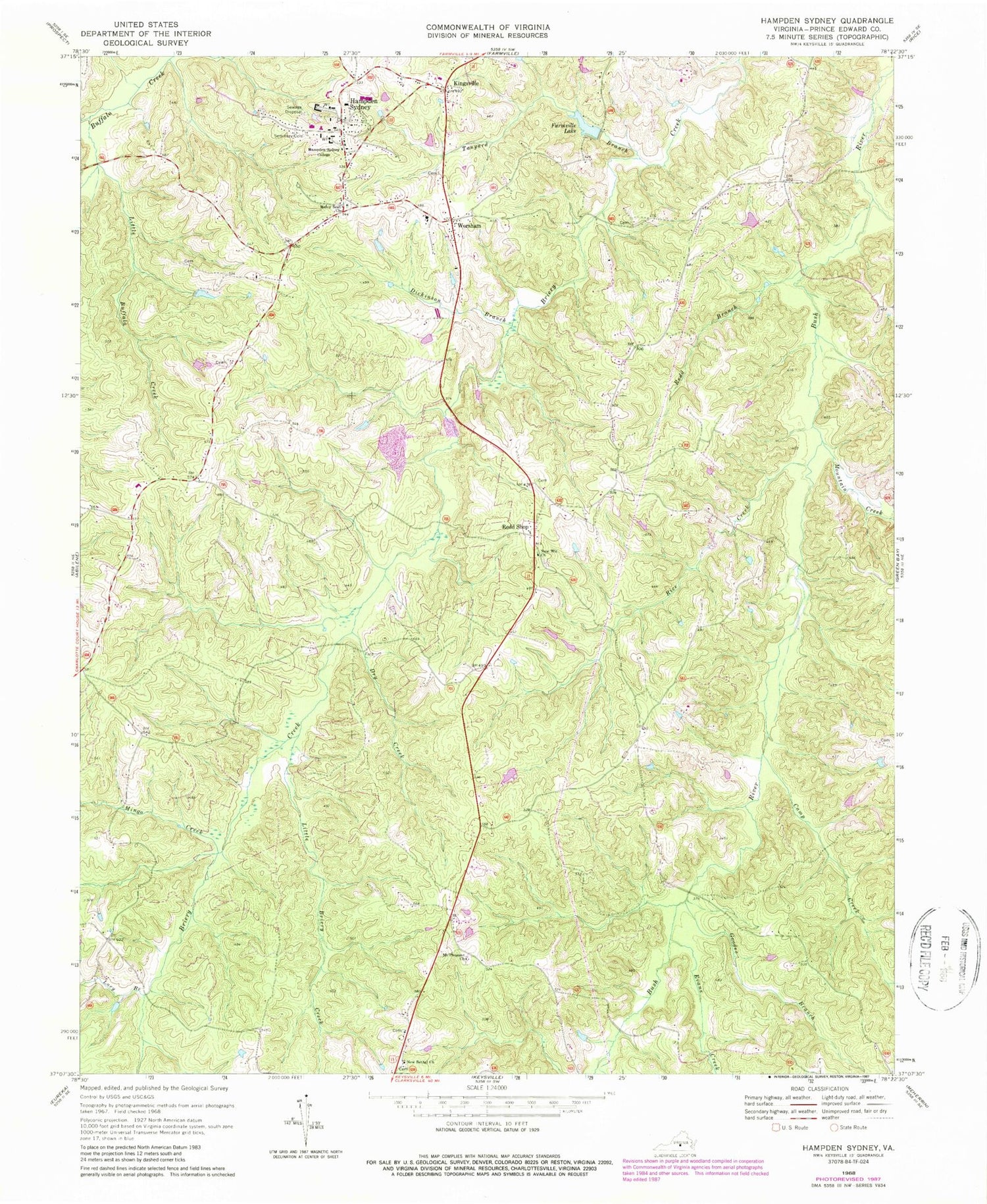 Classic USGS Hampden Sydney Virginia 7.5'x7.5' Topo Map Image