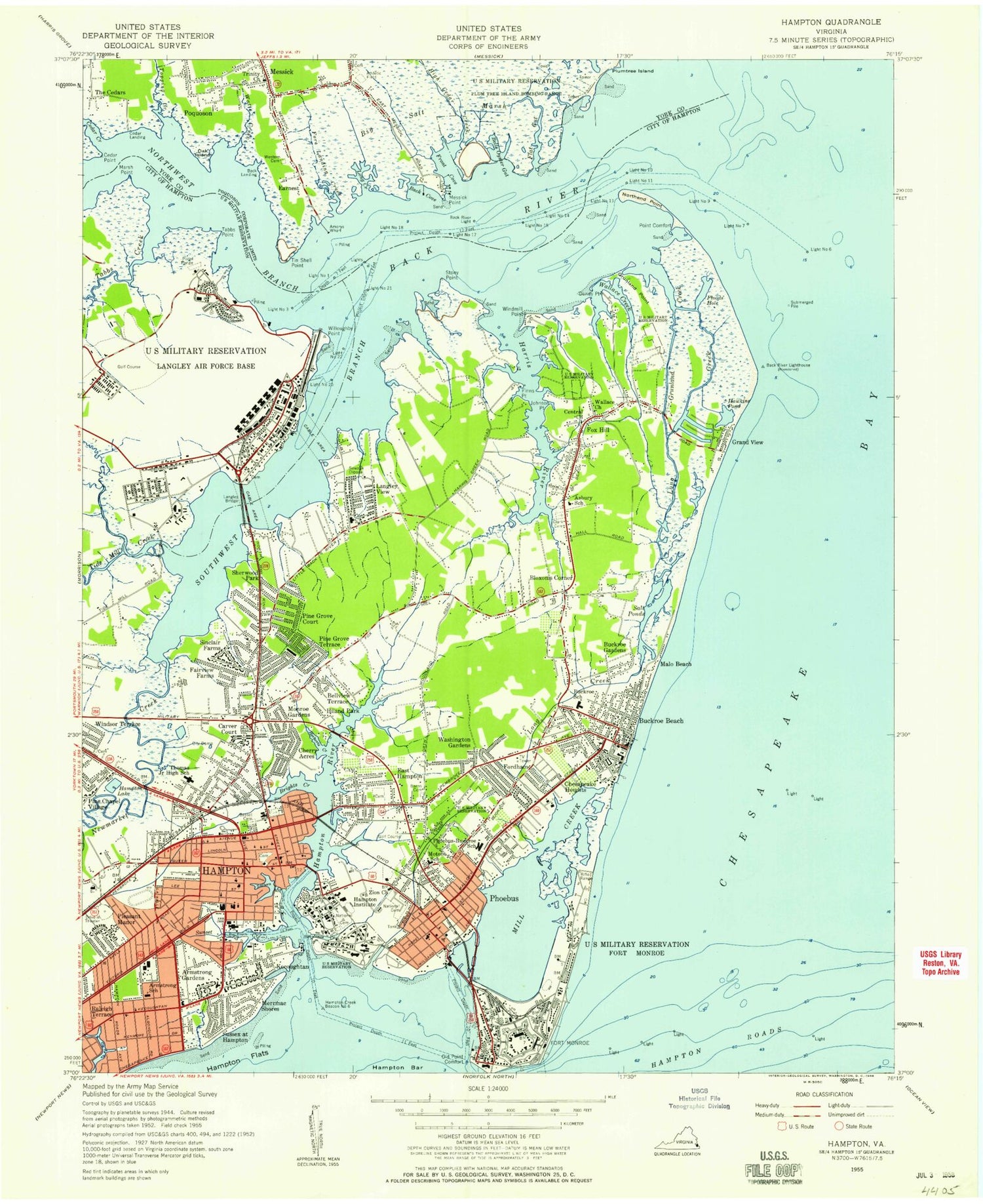 Classic USGS Hampton Virginia 7.5'x7.5' Topo Map Image