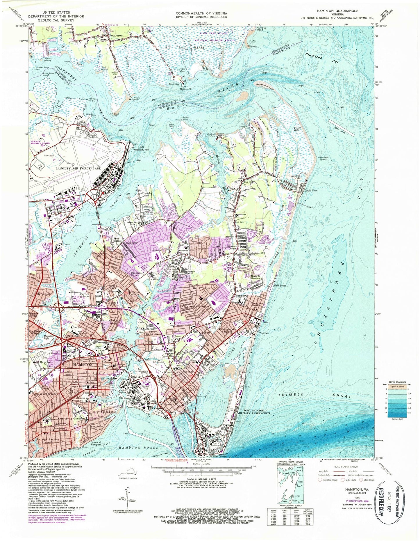 Classic USGS Hampton Virginia 7.5'x7.5' Topo Map Image