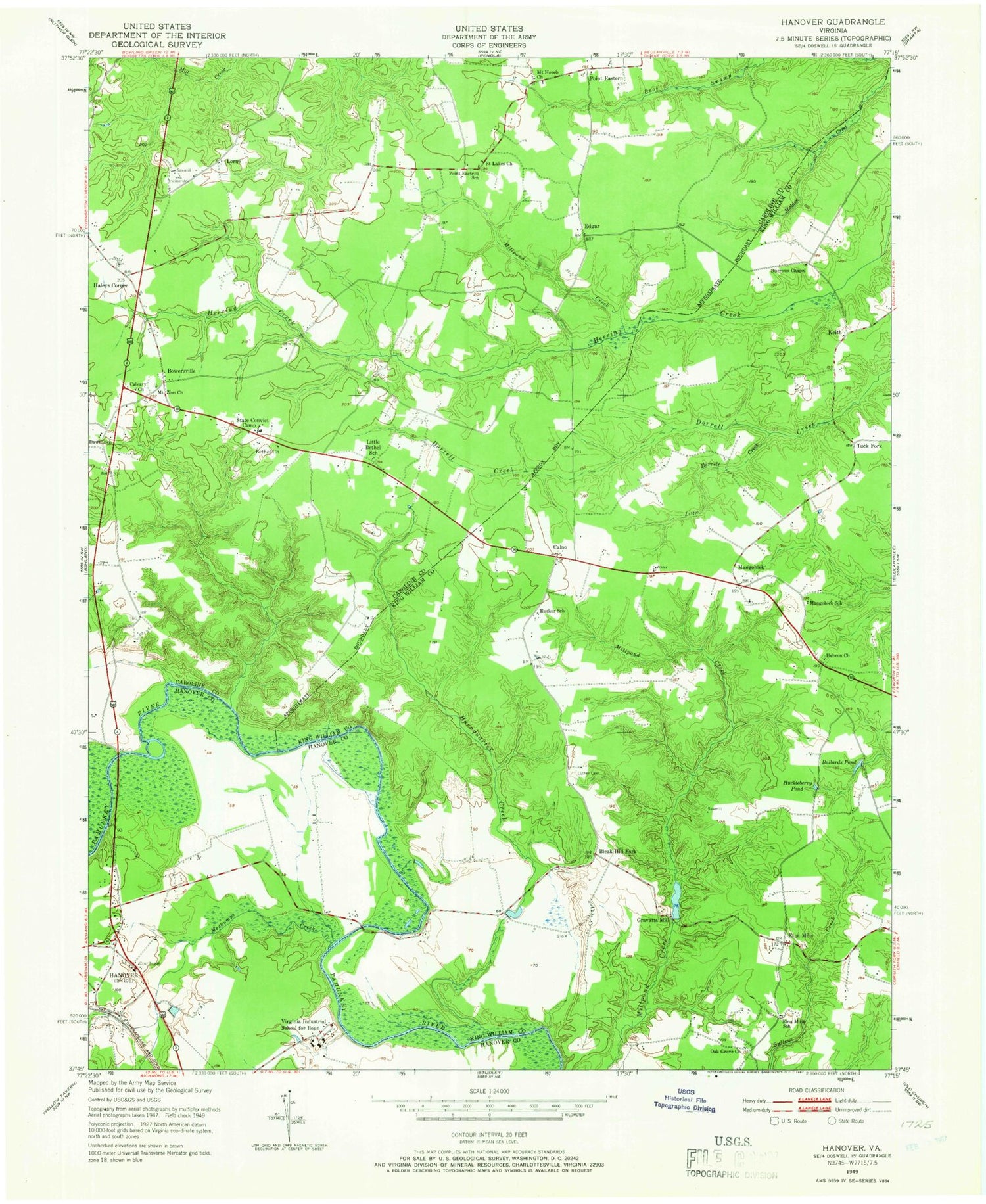 Classic USGS Hanover Virginia 7.5'x7.5' Topo Map Image