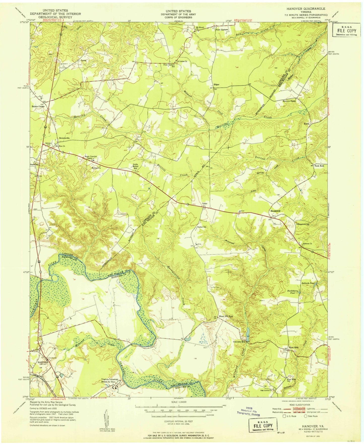 Classic USGS Hanover Virginia 7.5'x7.5' Topo Map Image