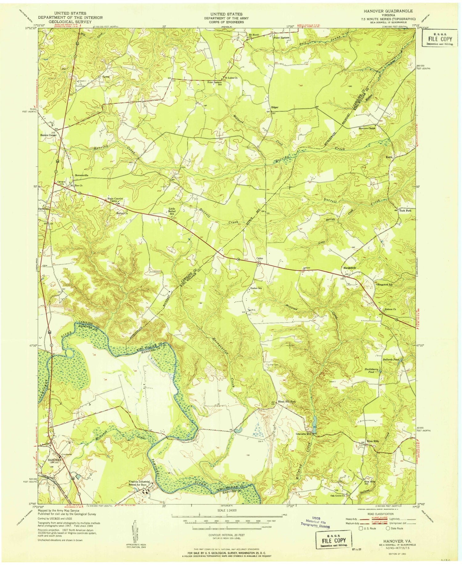 Classic USGS Hanover Virginia 7.5'x7.5' Topo Map Image