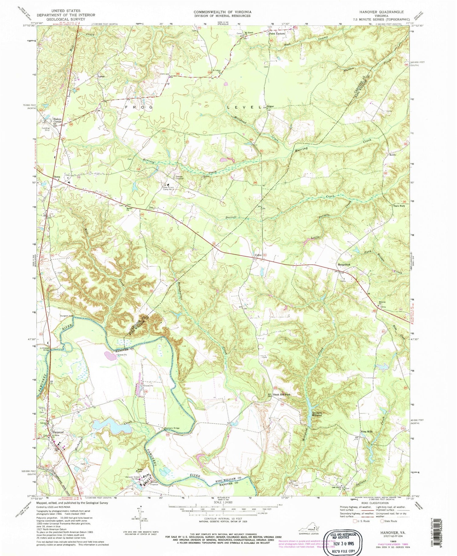 Classic USGS Hanover Virginia 7.5'x7.5' Topo Map Image