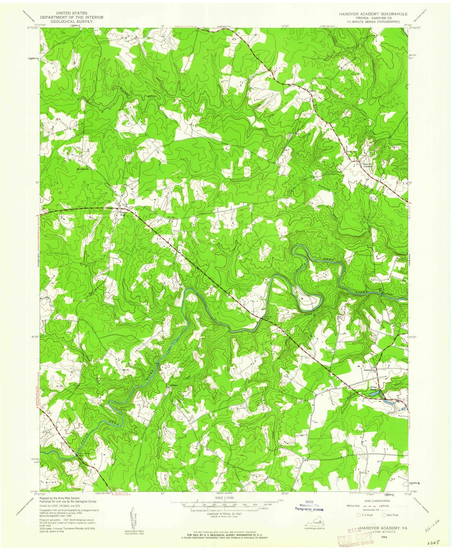 Classic USGS Hanover Academy Virginia 7.5'x7.5' Topo Map Image