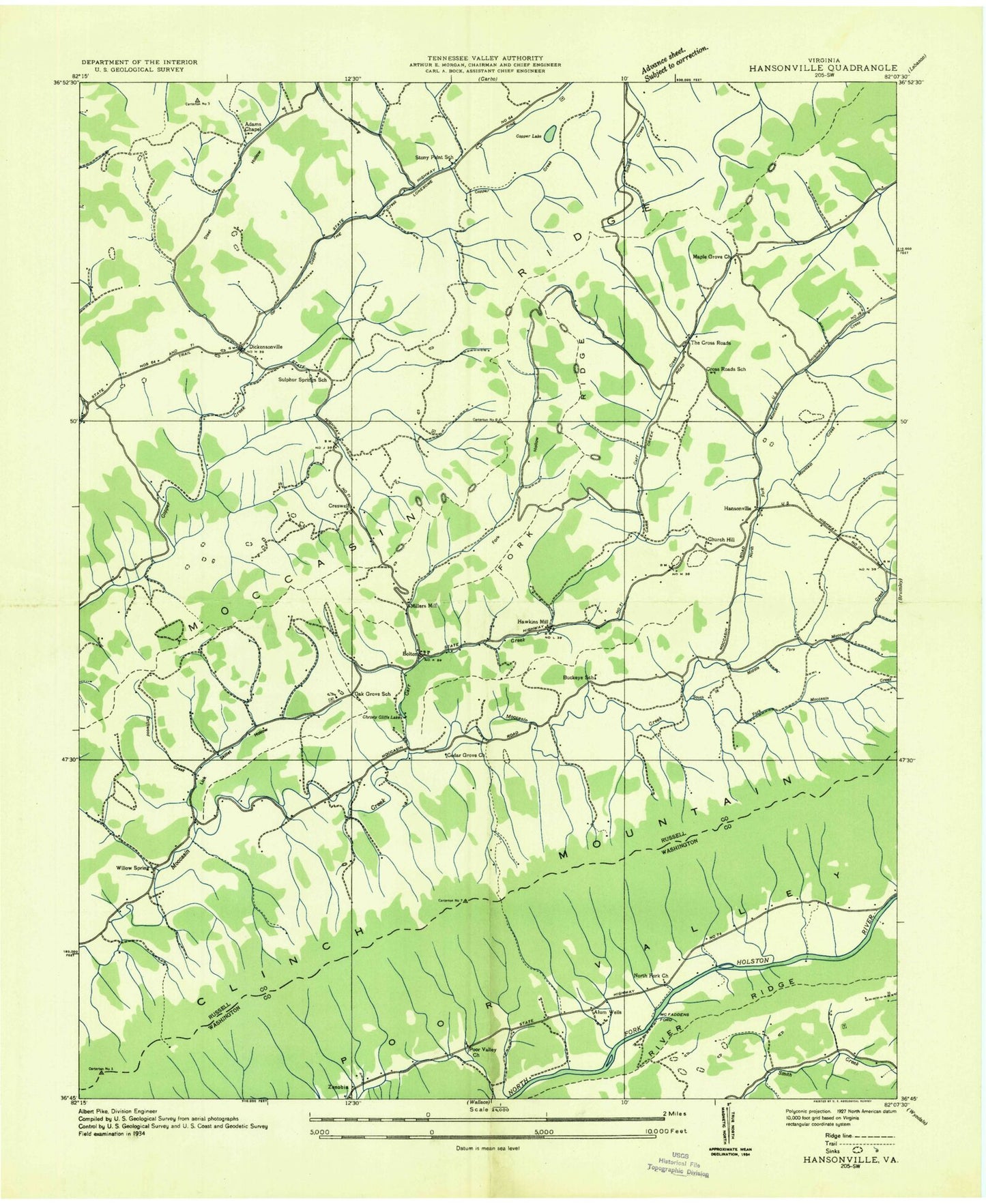 Classic USGS Hansonville Virginia 7.5'x7.5' Topo Map Image