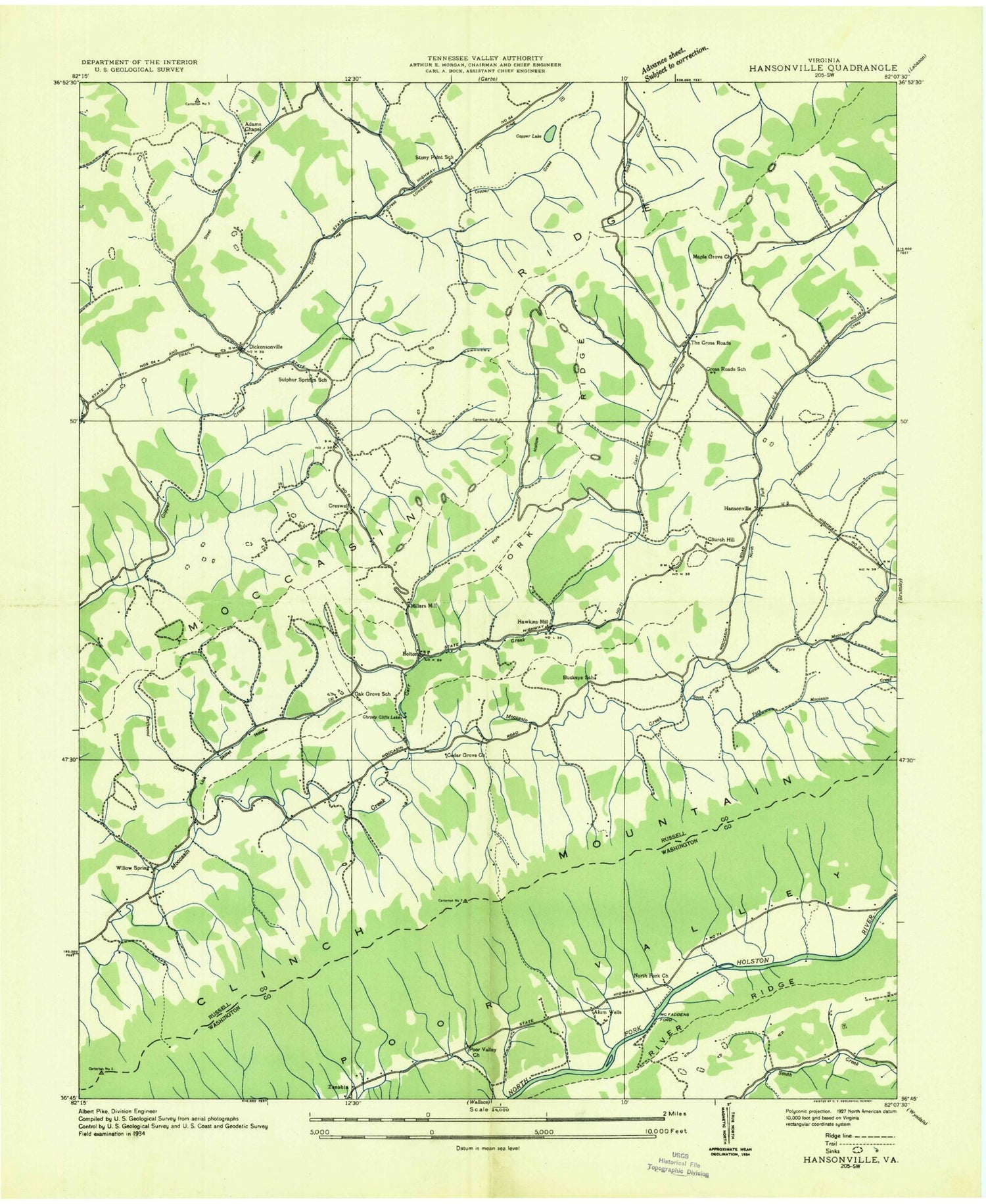 Classic USGS Hansonville Virginia 7.5'x7.5' Topo Map Image