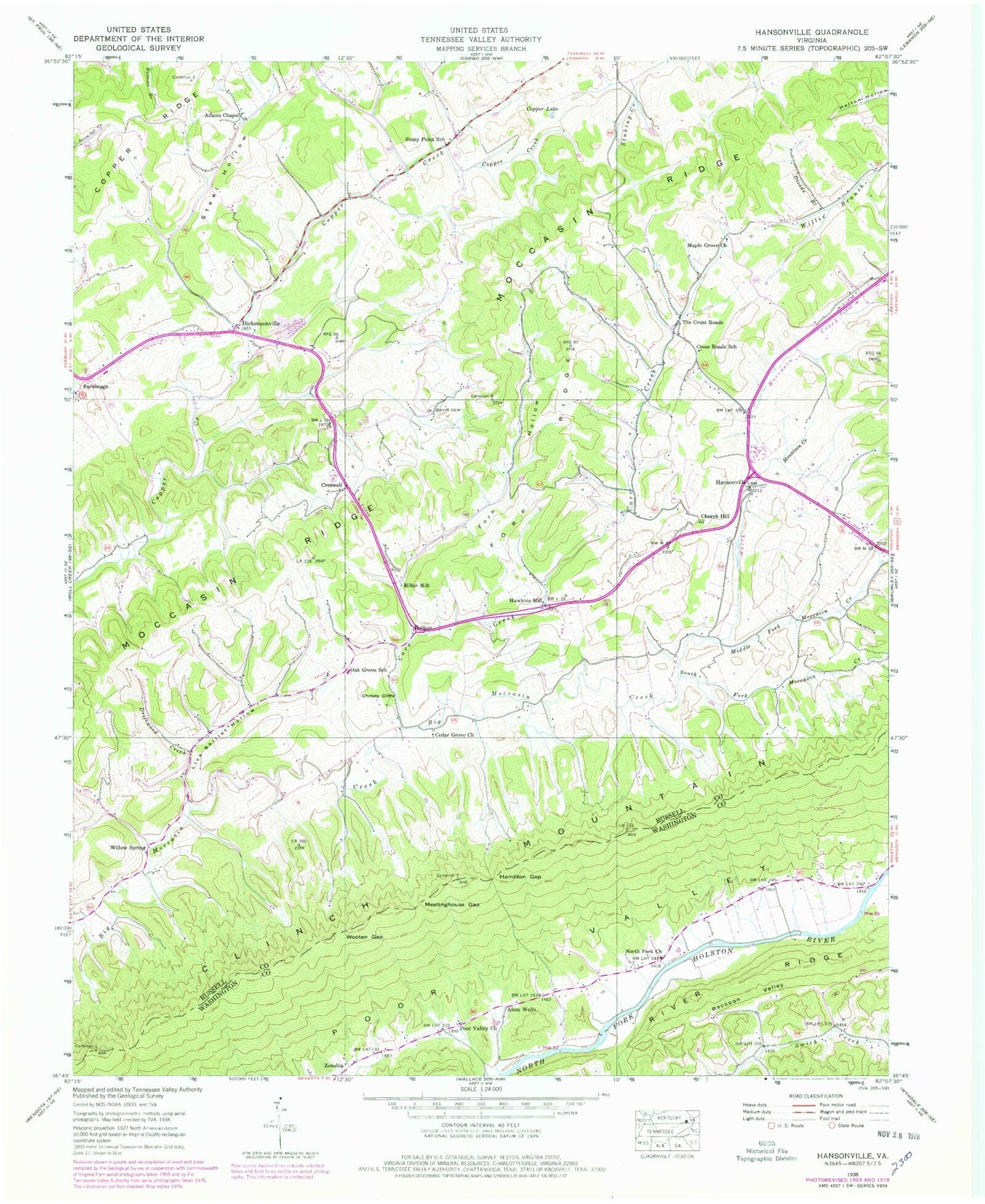 Classic USGS Hansonville Virginia 7.5'x7.5' Topo Map Image