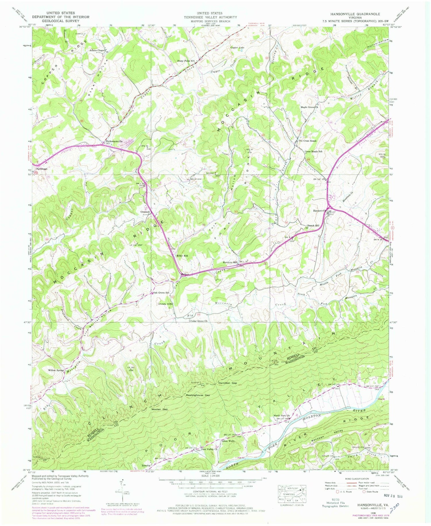 Classic USGS Hansonville Virginia 7.5'x7.5' Topo Map Image