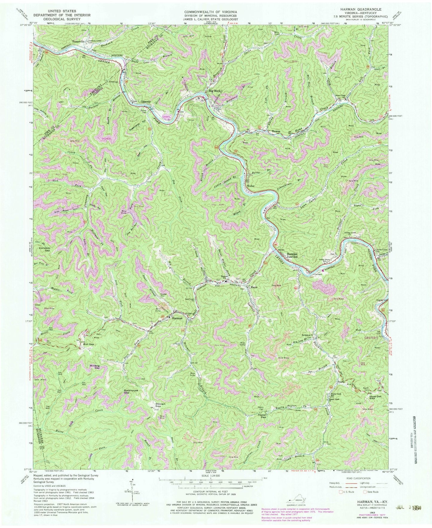Classic USGS Harman Virginia 7.5'x7.5' Topo Map Image