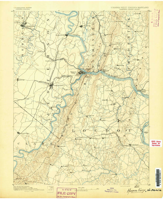 Historic 1891 Harpers Ferry Virginia 30'x30' Topo Map Image