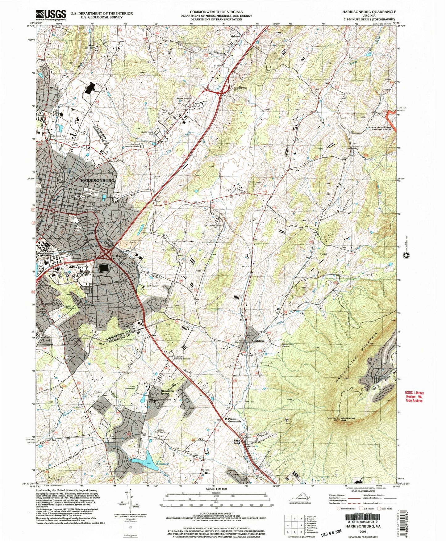 Classic USGS Harrisonburg Virginia 7.5'x7.5' Topo Map Image
