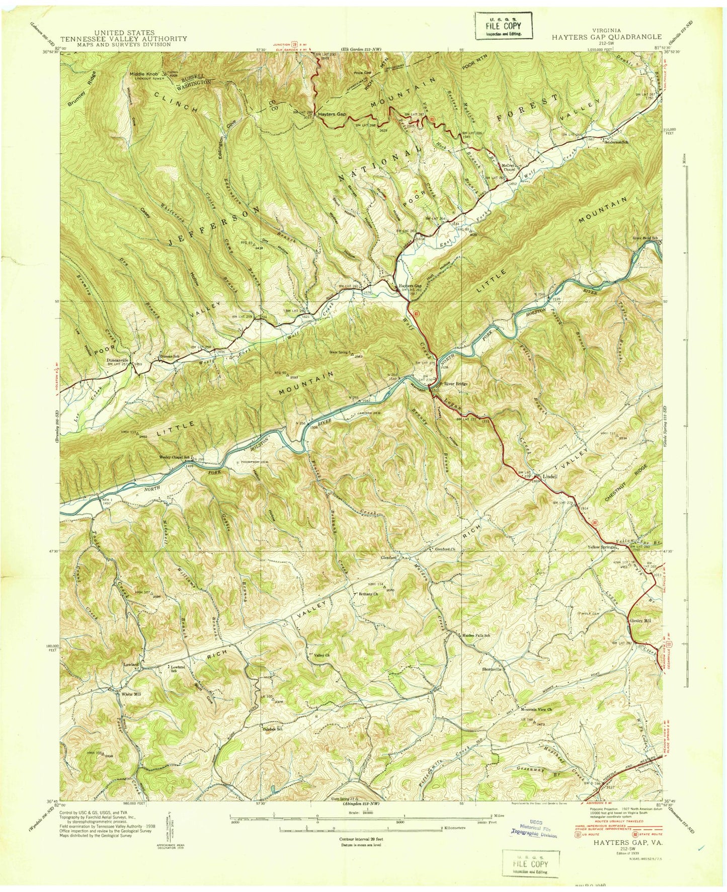 Classic USGS Hayters Gap Virginia 7.5'x7.5' Topo Map Image