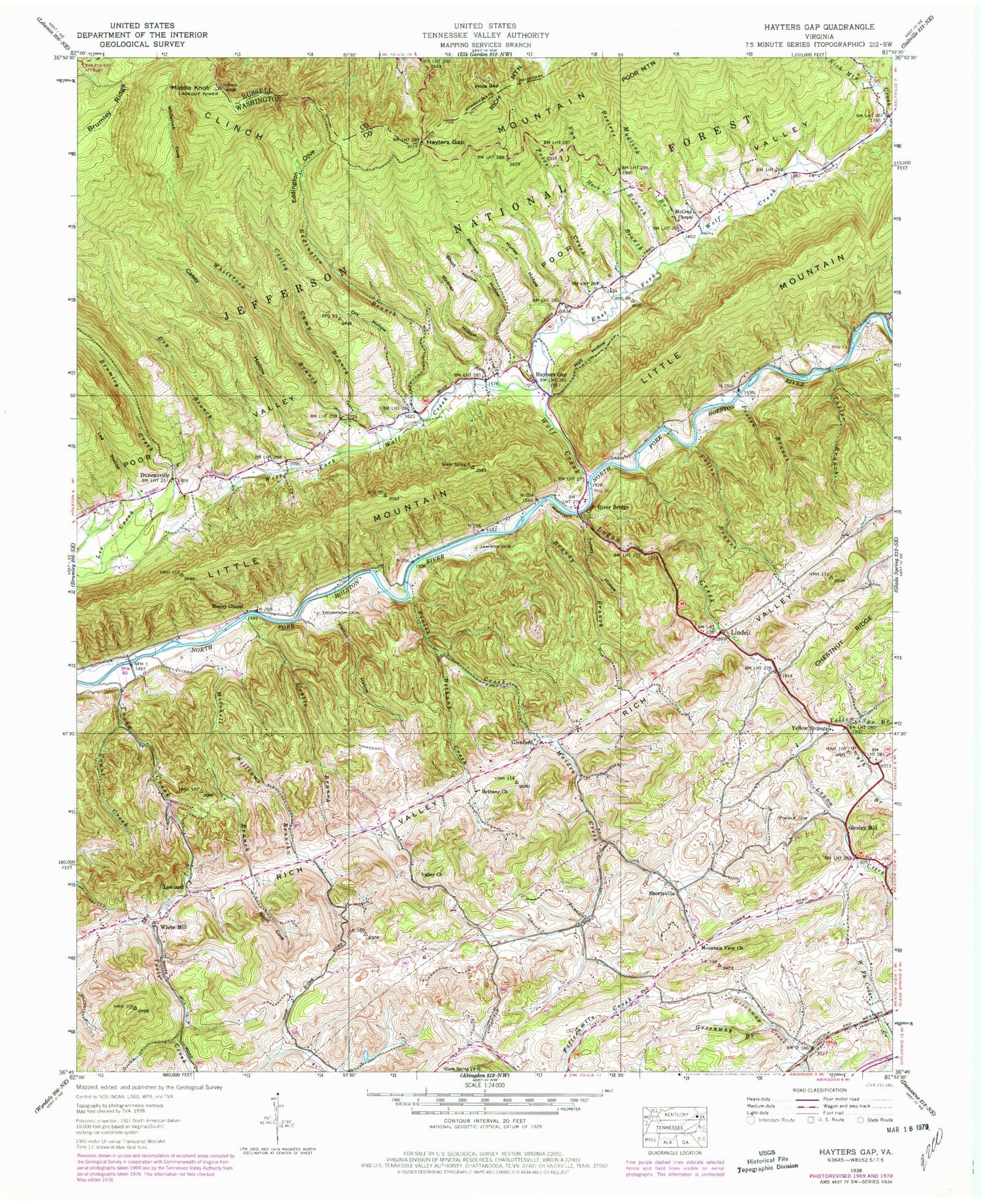 Classic USGS Hayters Gap Virginia 7.5'x7.5' Topo Map Image