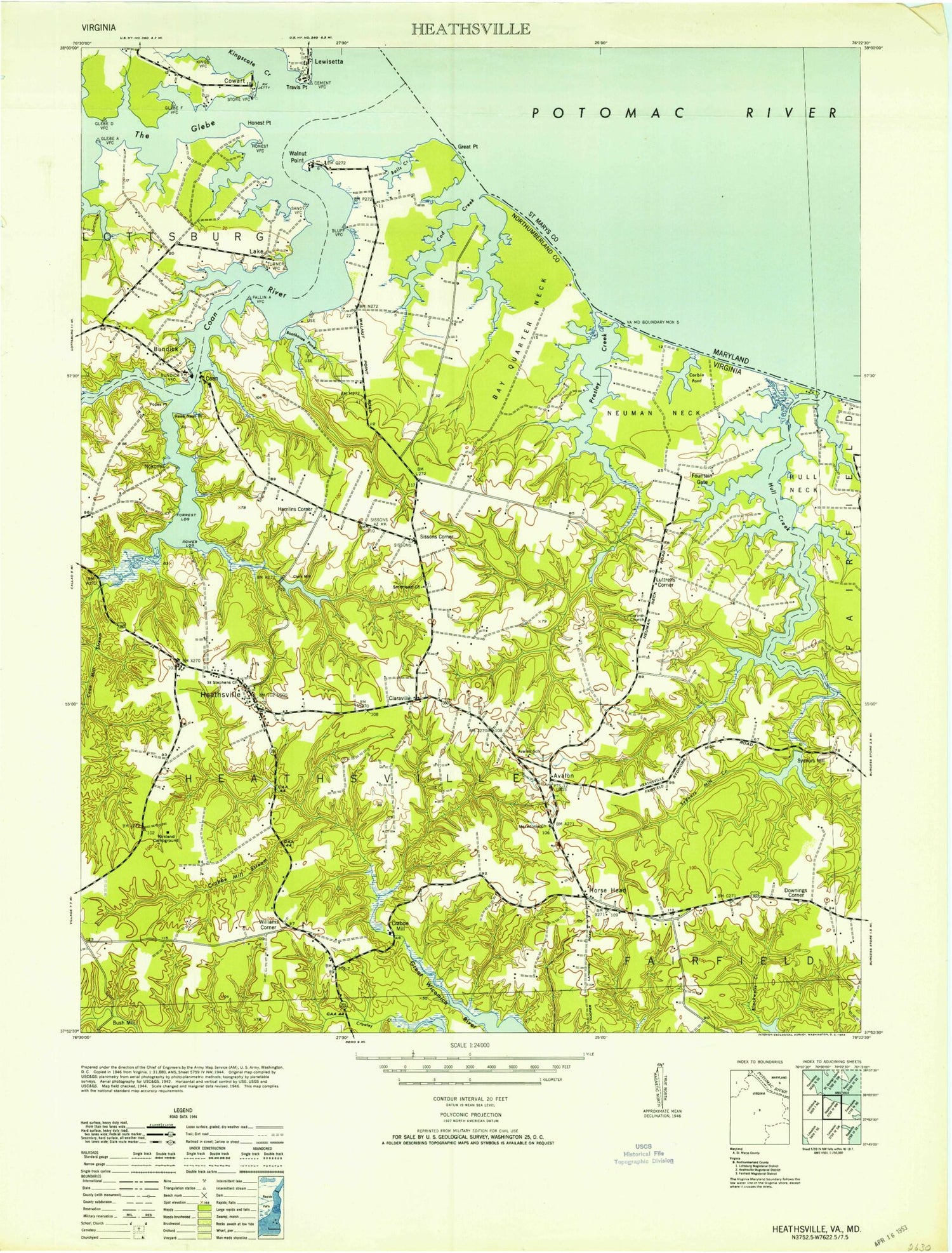 Classic USGS Heathsville Virginia 7.5'x7.5' Topo Map Image