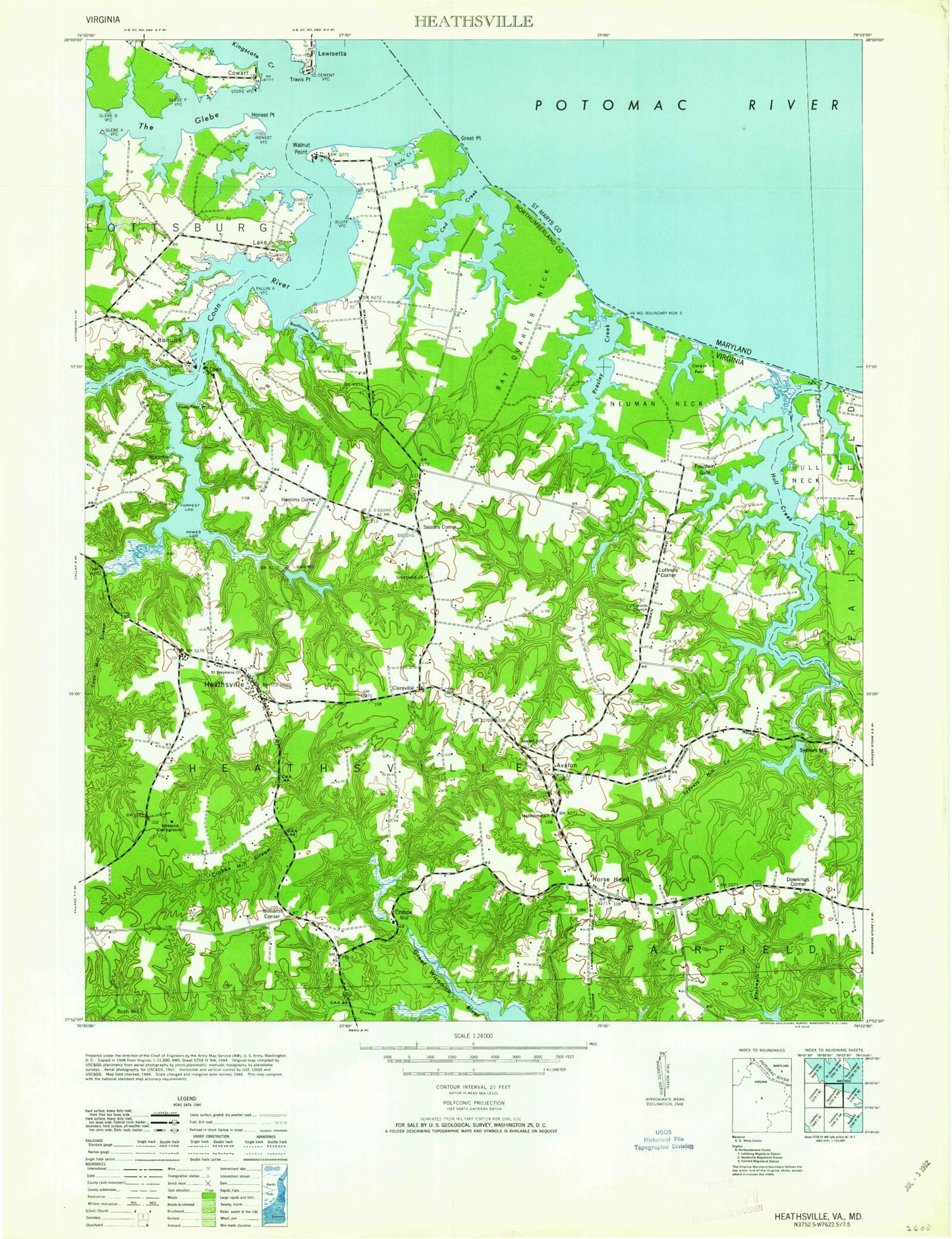Classic USGS Heathsville Virginia 7.5'x7.5' Topo Map Image