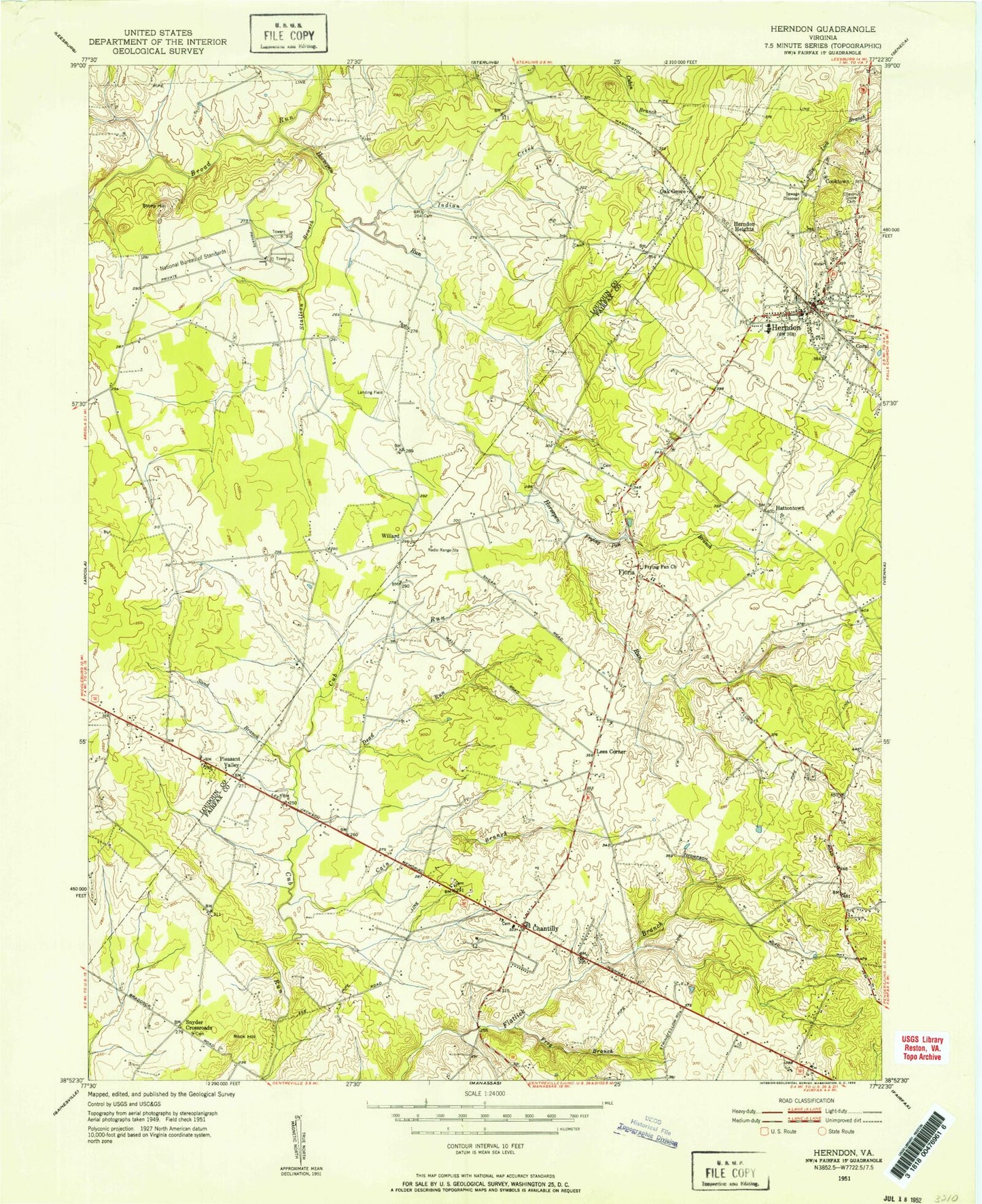 Classic USGS Herndon Virginia 7.5'x7.5' Topo Map Image