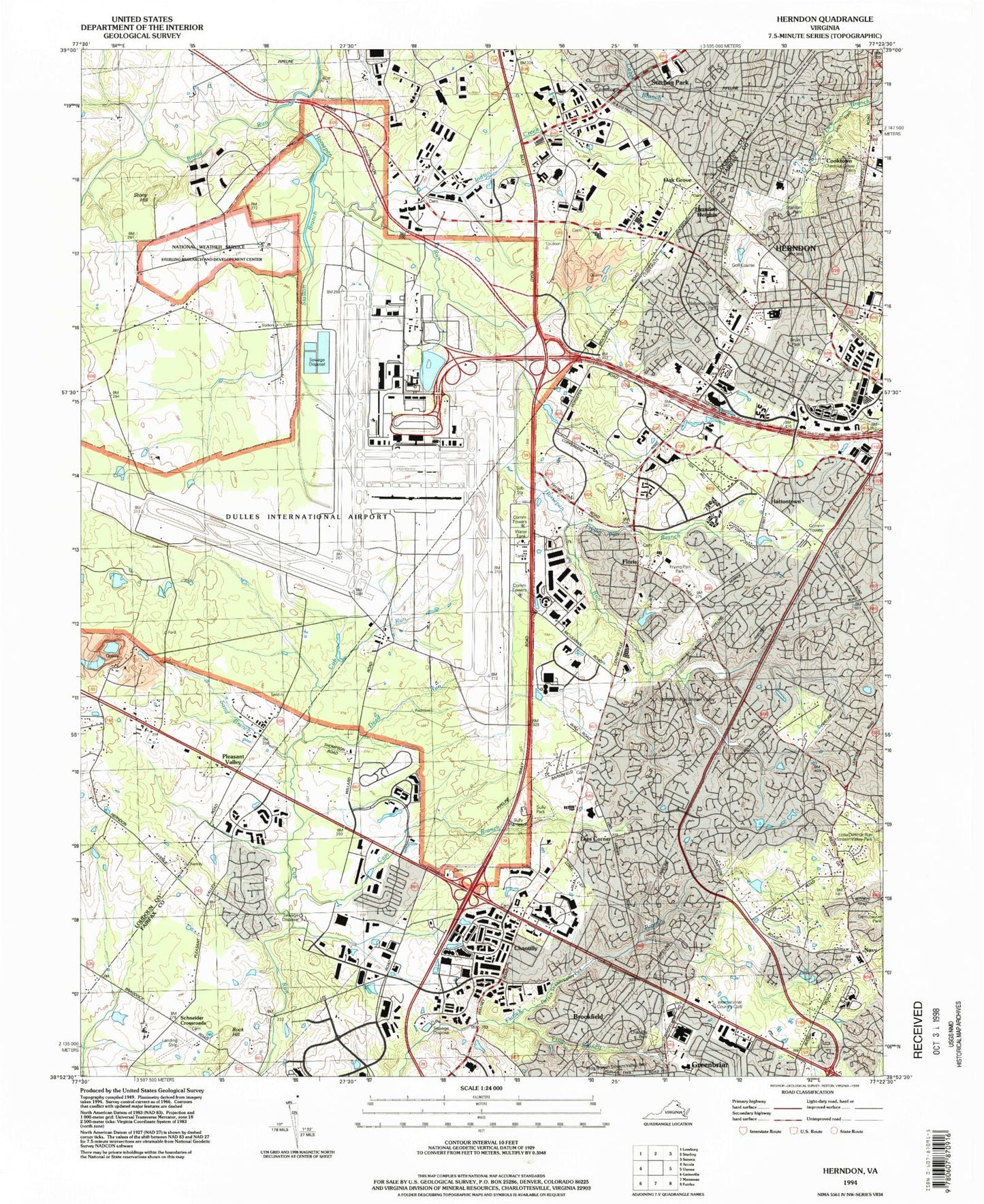 Classic USGS Herndon Virginia 7.5'x7.5' Topo Map Image