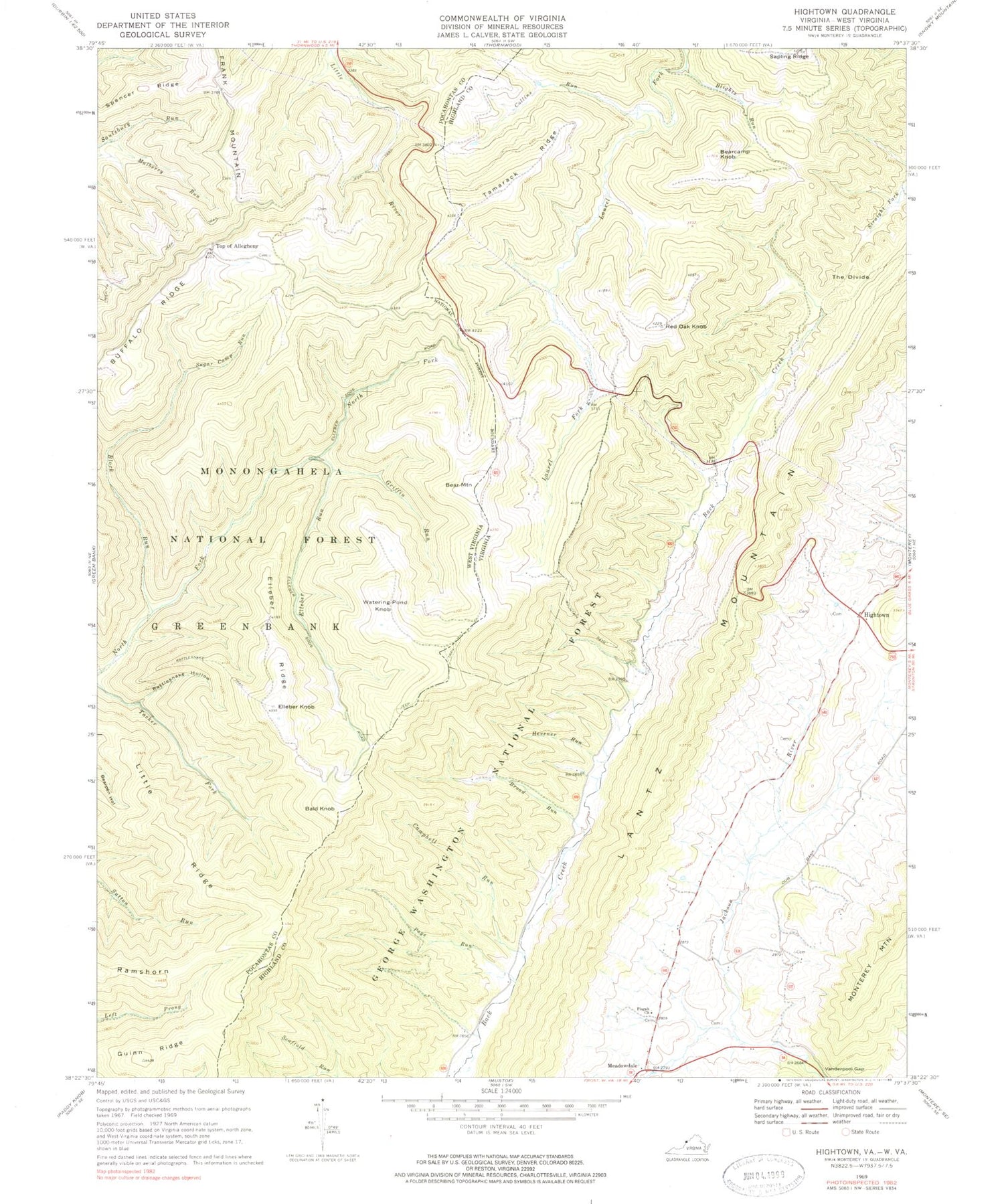 Classic USGS Hightown Virginia 7.5'x7.5' Topo Map Image